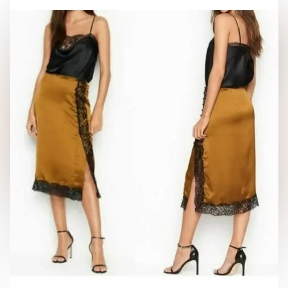 Victoria’s Secret Midi Slip Satin Lace Skirt Button Slit Size XS